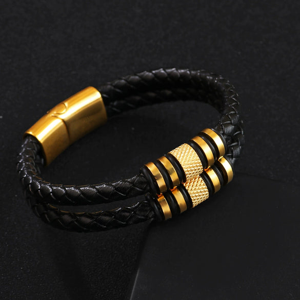 Unisex Street Style Double Layer Hand Woven Zinc Alloy Magnetic Buckle Bracelet