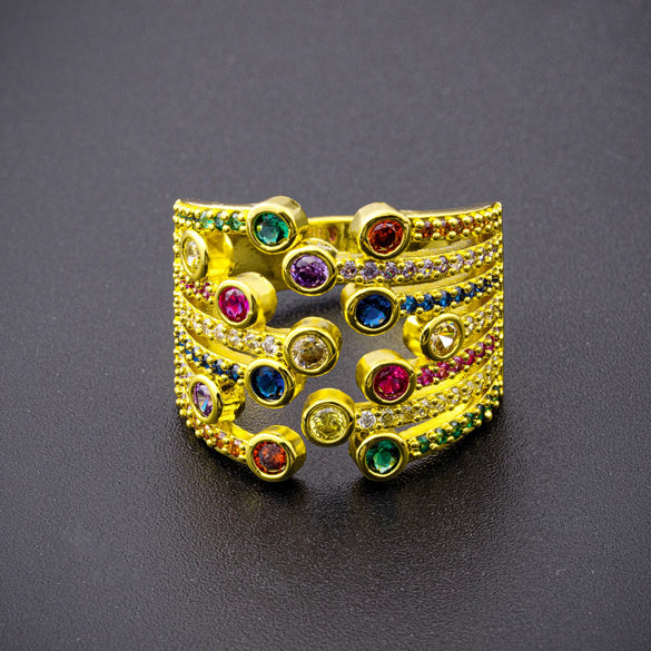 Unisex Sweet Cool Style Copper Ring With Zircon Geometric Design Electroplated In Gold Colorful Fashion Statement Jewelry
