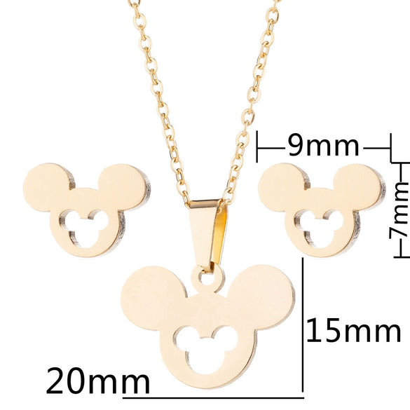 Unisex Titanium Steel Bear And Piglet Pendant Necklace And Stud Earrings Set With Electroplated Finish