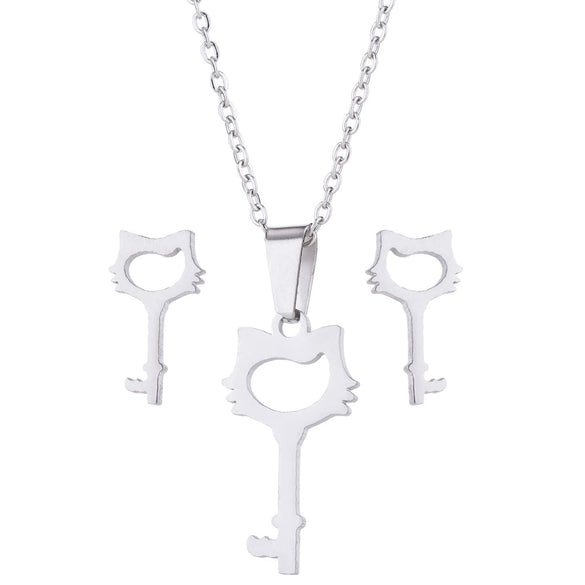 Unisex Titanium Steel Bear And Piglet Pendant Necklace And Stud Earrings Set With Electroplated Finish