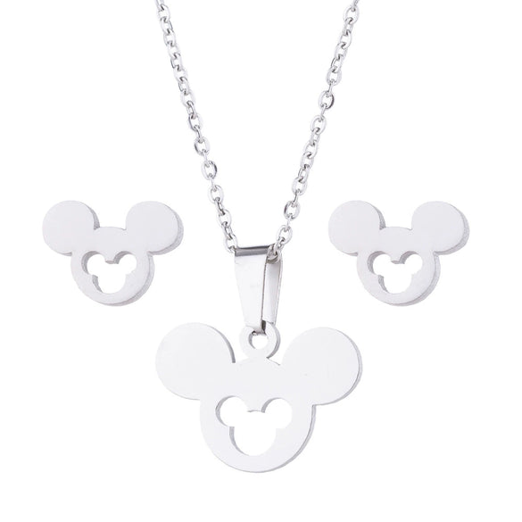 Unisex Titanium Steel Bear And Piglet Pendant Necklace And Stud Earrings Set With Electroplated Finish