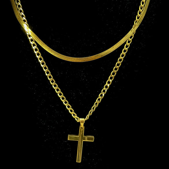 Unisex Titanium Steel Cross Double Layer Stacked Necklace With Twist Chain Electroplated Stainless Steel Pendant