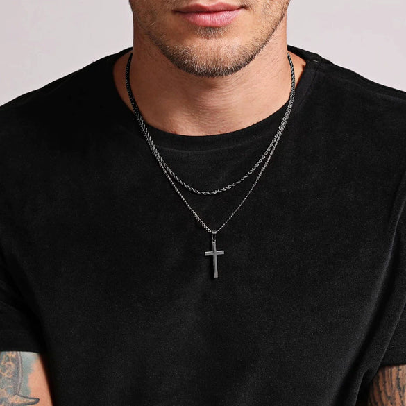 Unisex Titanium Steel Cross Double Layer Stacked Necklace With Twist Chain Electroplated Stainless Steel Pendant