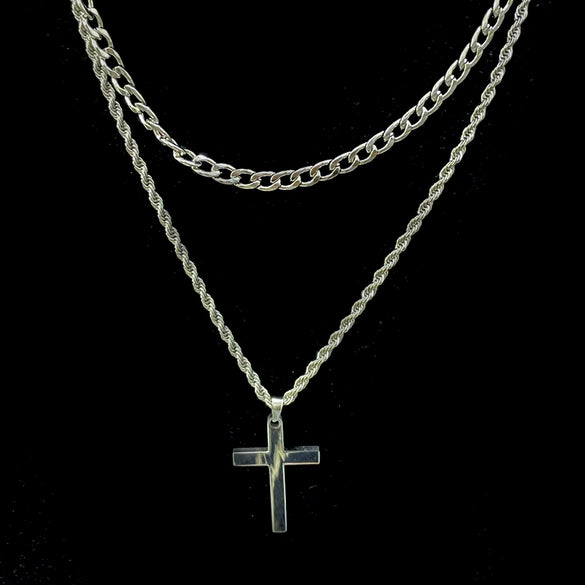 Unisex Titanium Steel Cross Double Layer Stacked Necklace With Twist Chain Electroplated Stainless Steel Pendant