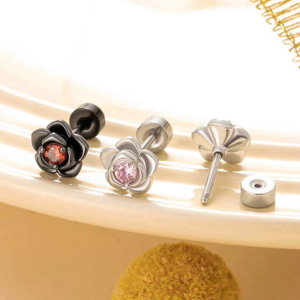 Unisex Titanium Steel Earrings With Black Flower Pattern And Electroplating Treatment