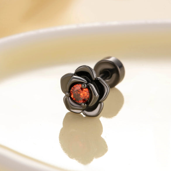 Unisex Titanium Steel Earrings With Black Flower Pattern And Electroplating Treatment