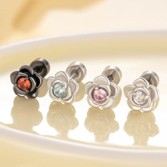 Unisex Titanium Steel Earrings With Black Flower Pattern And Electroplating Treatment