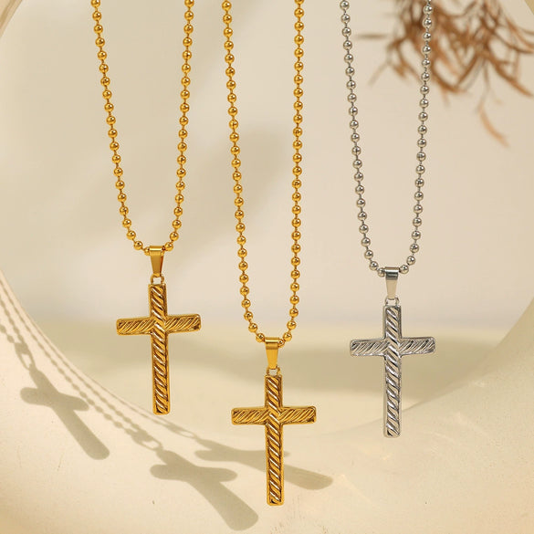 Unisex 316L Stainless Steel 18K Gold Plated Embossed Cross Pendant Necklace