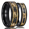 Unisex Tungsten Couple Rings With Flat Hammered Texture Electroblackened Finish Meteorite Inlay And Goldplated Platinum Accents
