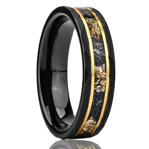 Unisex Tungsten Couple Rings With Flat Hammered Texture Electroblackened Finish Meteorite Inlay And Goldplated Platinum Accents