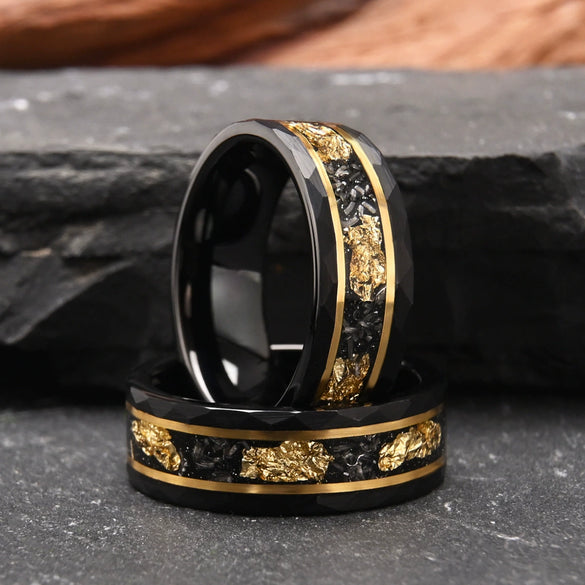 Unisex Tungsten Couple Rings With Flat Hammered Texture Electroblackened Finish Meteorite Inlay And Goldplated Platinum Accents