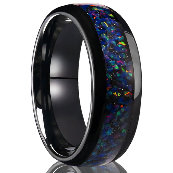 Unisex Tungsten Steel Couple Rings With Black Electroplated Finish And Blue Opal Inlay Minimalist Geometric Jewelry