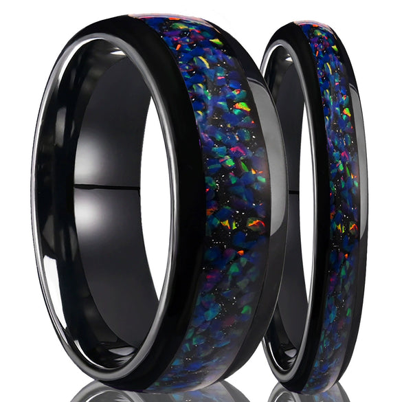 Unisex Tungsten Steel Couple Rings With Black Electroplated Finish And Blue Opal Inlay Minimalist Geometric Jewelry