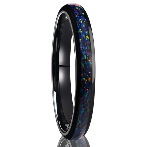 Unisex Tungsten Steel Couple Rings With Black Electroplated Finish And Blue Opal Inlay Minimalist Geometric Jewelry