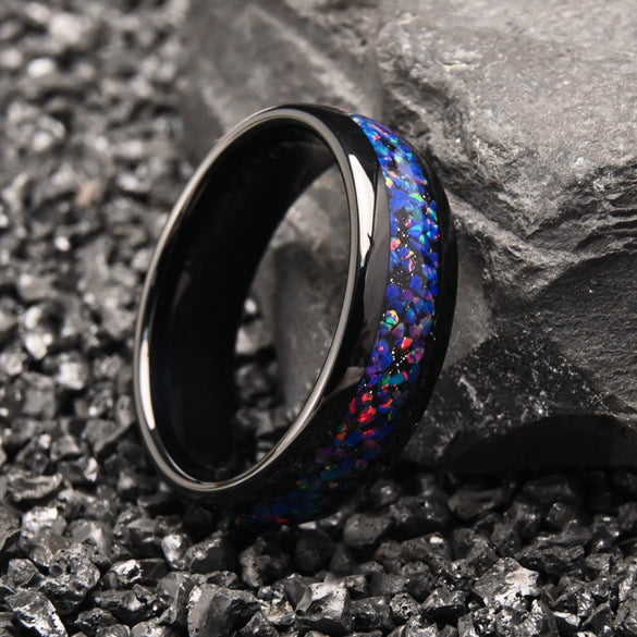 Unisex Tungsten Steel Couple Rings With Black Electroplated Finish And Blue Opal Inlay Minimalist Geometric Jewelry