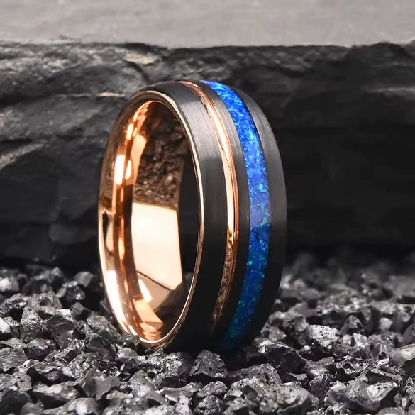 Unisex Tungsten Steel Curved Ring With Sandtextured Surface Twotone Black And Rose Finish And Blue Opal Detail