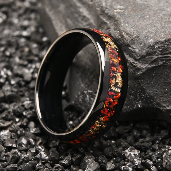 Unisex Tungsten Steel Ring With Black Finish Red Opal Inlay And Gold Foil Detail Geometric Minimalist Electroplated Design