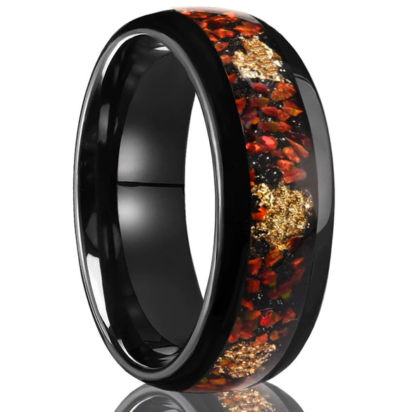 Unisex Tungsten Steel Ring With Black Finish Red Opal Inlay And Gold Foil Detail Geometric Minimalist Electroplated Design