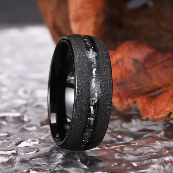 Unisex Tungsten Steel Ring With Black Meteorite Inlay Arc Sandblasted Finish Geometric Minimalist Electroplated Design