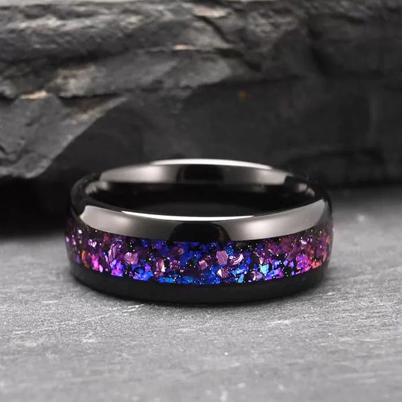 Unisex Tungsten Steel Ring With Electroplated Black Finish Purple Crystal Inlay And Geometric Minimalist Design