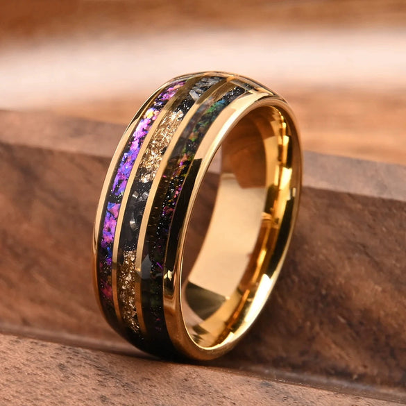 Unisex Tungsten Steel Ring With 18K Gold Electroplated Finish And Hand Inlaid Opal Gold Foil Minimalist Geometric Design