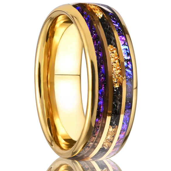Unisex Tungsten Steel Ring With 18K Gold Electroplated Finish And Hand Inlaid Opal Gold Foil Minimalist Geometric Design