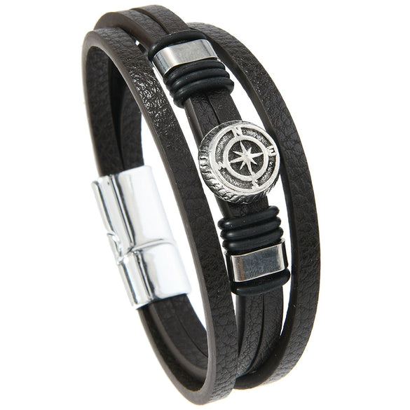 Unisex Vintage Punk Style Zinc Alloy Geometric Compass Magnetic Buckle Leather Bracelet With Electroplating