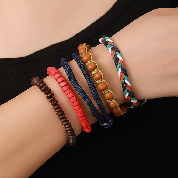 Unisex Wooden Geometric Handmade Beaded Bracelet Set