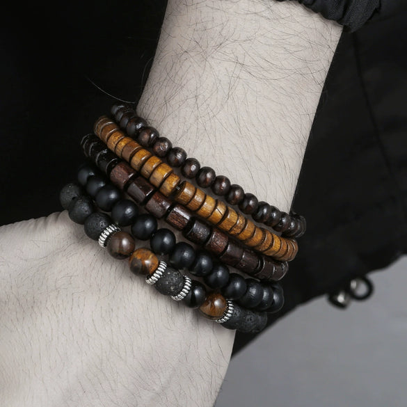 Unisex Wooden Geometric Handmade Beaded Bracelet Set