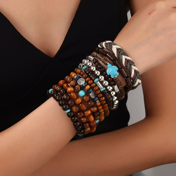 Unisex Wooden Geometric Handmade Beaded Bracelet Set