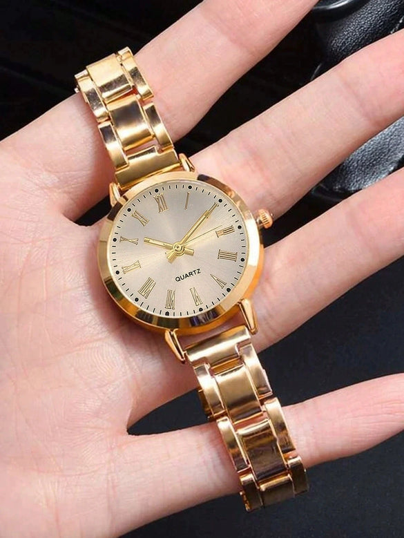 Universal Casual Alloy Case Round Dial Quartz Watch With Steel Band And Ordinary Glass Mirror