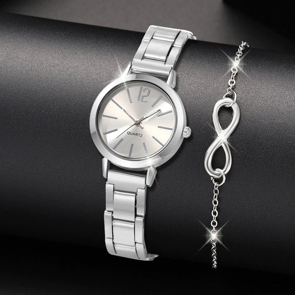 Universal Casual Alloy Case Round Dial Quartz Watch With Steel Band And Ordinary Glass Mirror