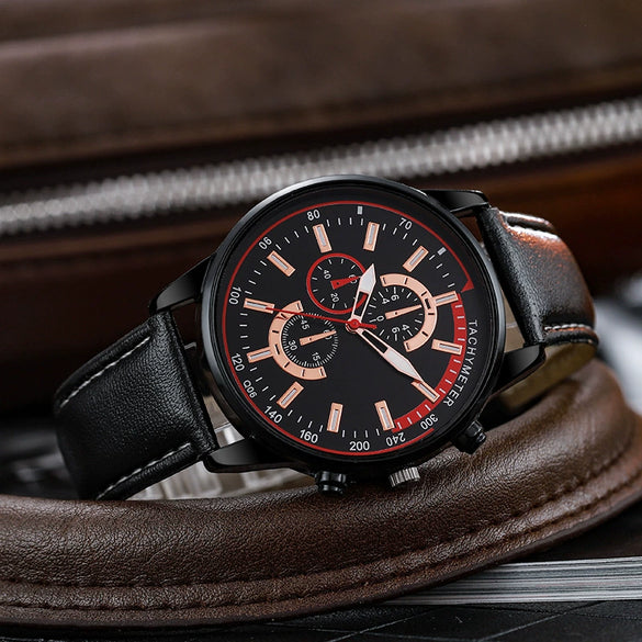 Universal Leisure Alloy Case Imitation Leather Strap Stainless Steel Buckle Round Dial Quartz Belt Watch