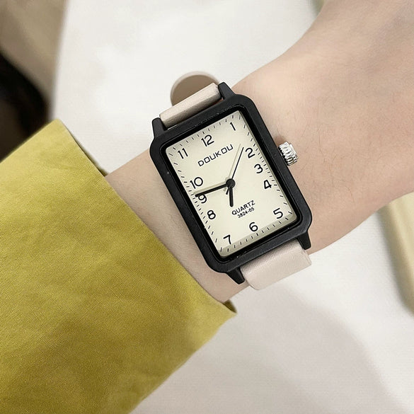 Universal Leisure Style Rectangular Quartz Watch For Junior High School Students Pu And Alloy Material