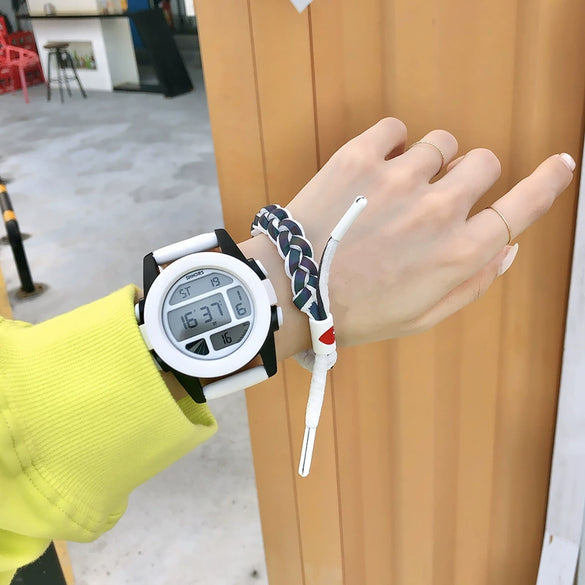 Universal Multifunctional Luminous Electronic Watch With Stainless Steel Buckle Silicone Strap Rubber Case And Plastic Mirror Round Dial