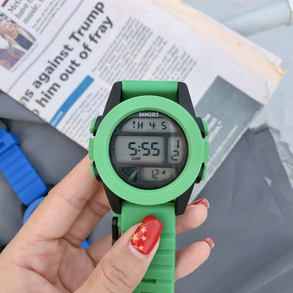 Universal Multifunctional Luminous Electronic Watch With Stainless Steel Buckle Silicone Strap Rubber Case And Plastic Mirror Round Dial