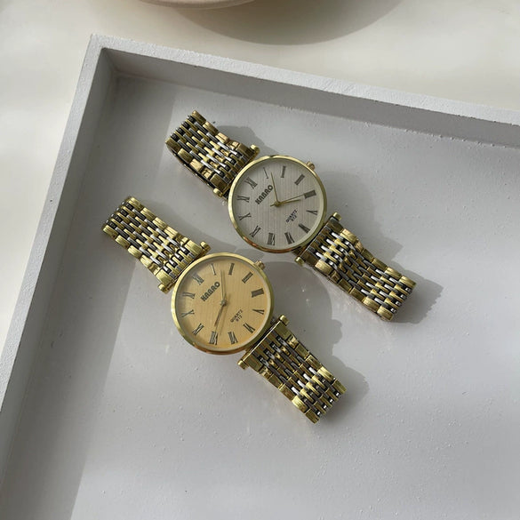 Universal Retro Style Alloy Belt Quartz Watch With Roman Round Dial And Ordinary Glass Mirror