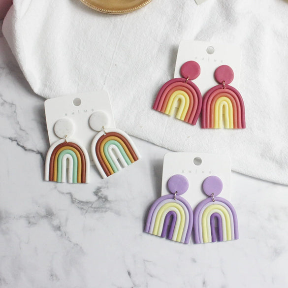 Ushaped Rainbow Soft Pottery Stud Earrings For Women Handmade Macaron Color Contrast Sweet Jewelry