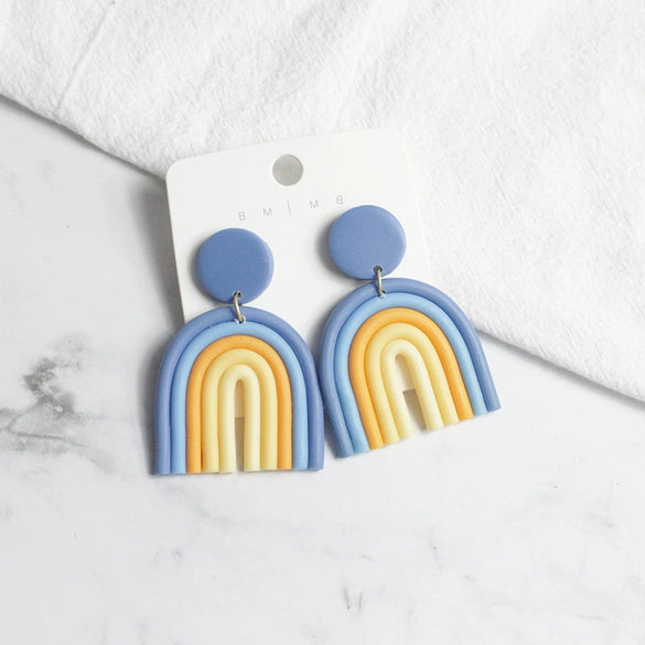 Ushaped Rainbow Soft Pottery Stud Earrings For Women Handmade Macaron Color Contrast Sweet Jewelry