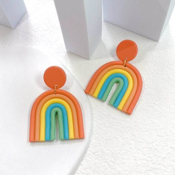 Ushaped Rainbow Soft Pottery Stud Earrings For Women Handmade Macaron Color Contrast Sweet Jewelry