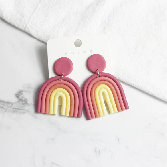 Ushaped Rainbow Soft Pottery Stud Earrings For Women Handmade Macaron Color Contrast Sweet Jewelry