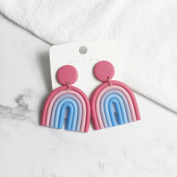 Ushaped Rainbow Soft Pottery Stud Earrings For Women Handmade Macaron Color Contrast Sweet Jewelry