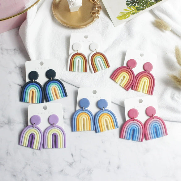 Ushaped Rainbow Soft Pottery Stud Earrings For Women Handmade Macaron Color Contrast Sweet Jewelry