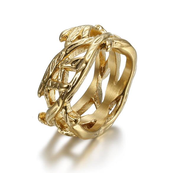 Ushaped Stainless Steel Tree Of Life Ring With Polished Gold Finish Vintage Botanical Jewelry For Unisex Wear