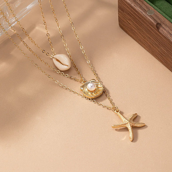 Vacation Beach Starfish Shell Alloy Shell Women's Three Layer Necklace