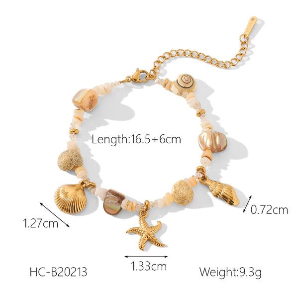 Vacation Beach Tropical Starfish Conch Shell Titanium Steel 18K Gold Plated Handmade Chain Bracelets In Bulk