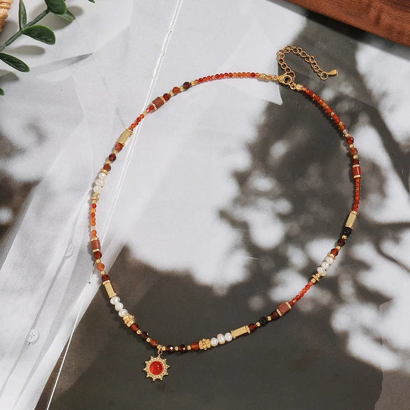 Vacation French Style Romantic Sun 18K Gold Plated Gem Natural Stone Freshwater Pearl Copper Wholesale Pendant Necklace