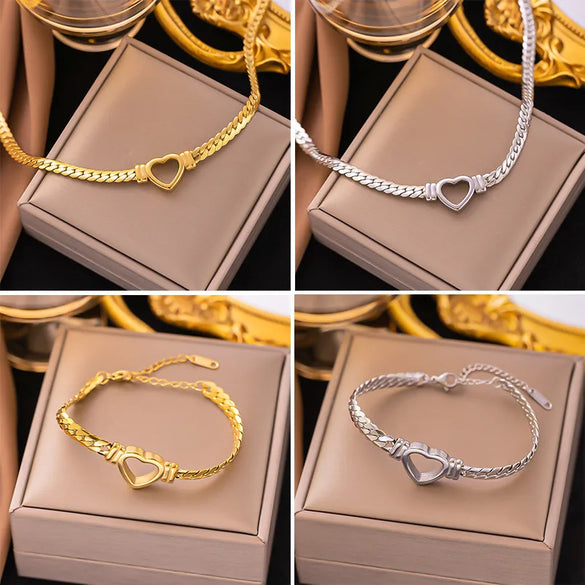 304 Stainless Steel 18K Gold Plated Vacation Plating Heart Shape Bracelets Necklace
