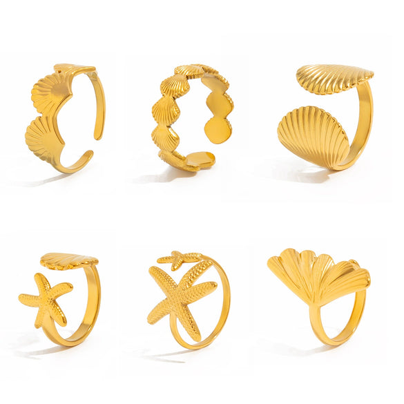 Vacation Style Metal Geometric Starfish Opening Ring Set For Women With Electroplating