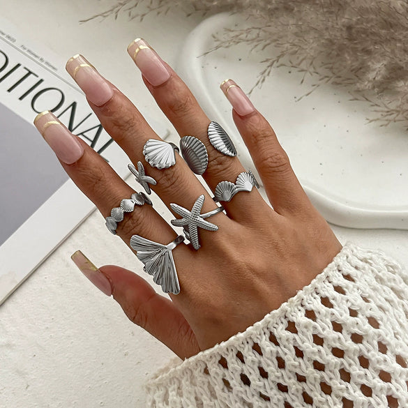 Vacation Style Metal Geometric Starfish Opening Ring Set For Women With Electroplating